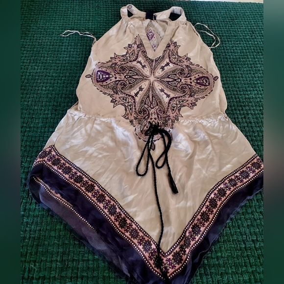 Bohemian Cream and Purple Guess Top,Size 3, 100% Silk,Black rope on waist - Picture 4 of 16